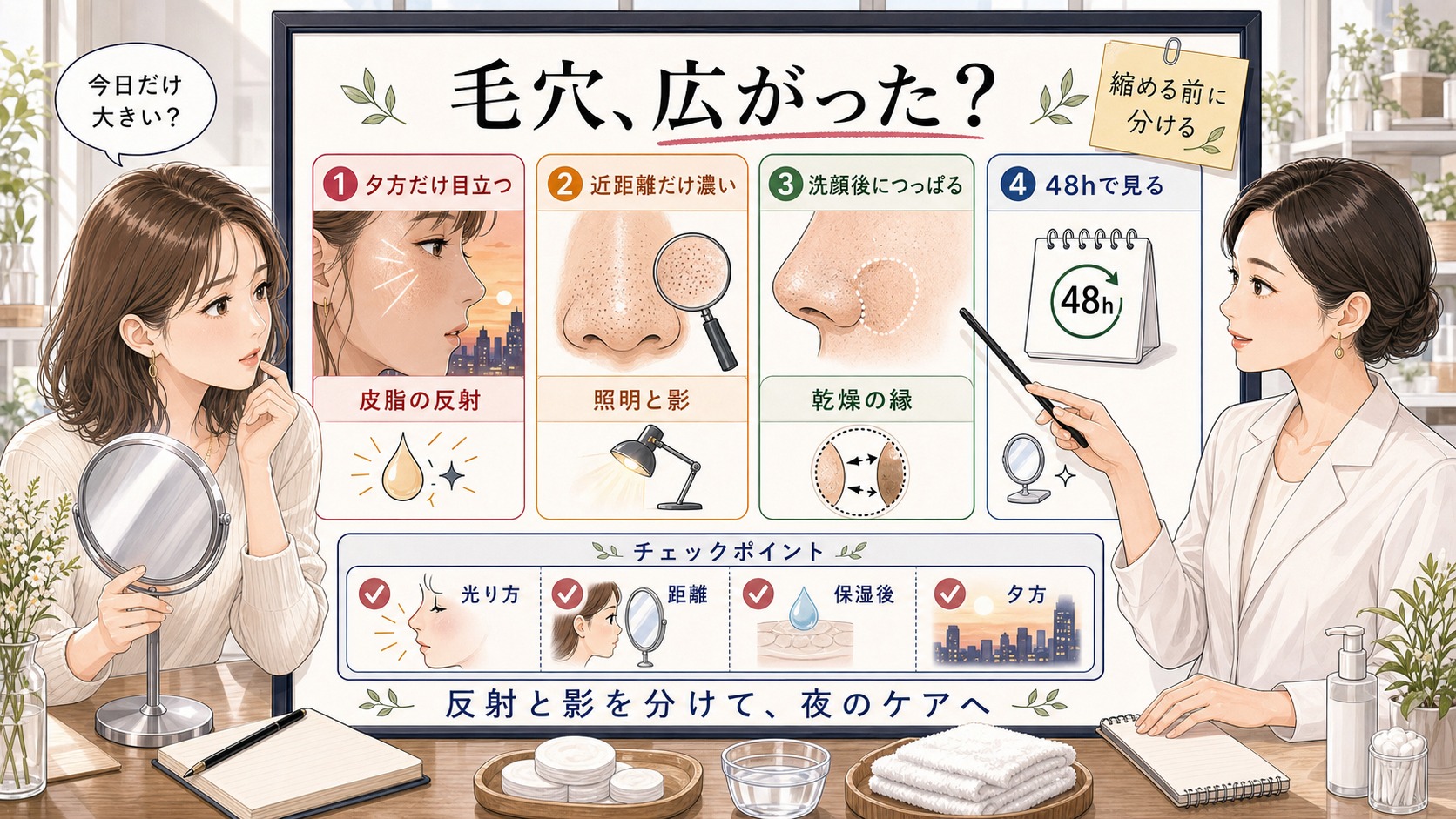 テカリや照明や乾燥で毛穴が広がったように見える条件を夕方、距離、洗顔後、48時間で分ける美容相談ボード