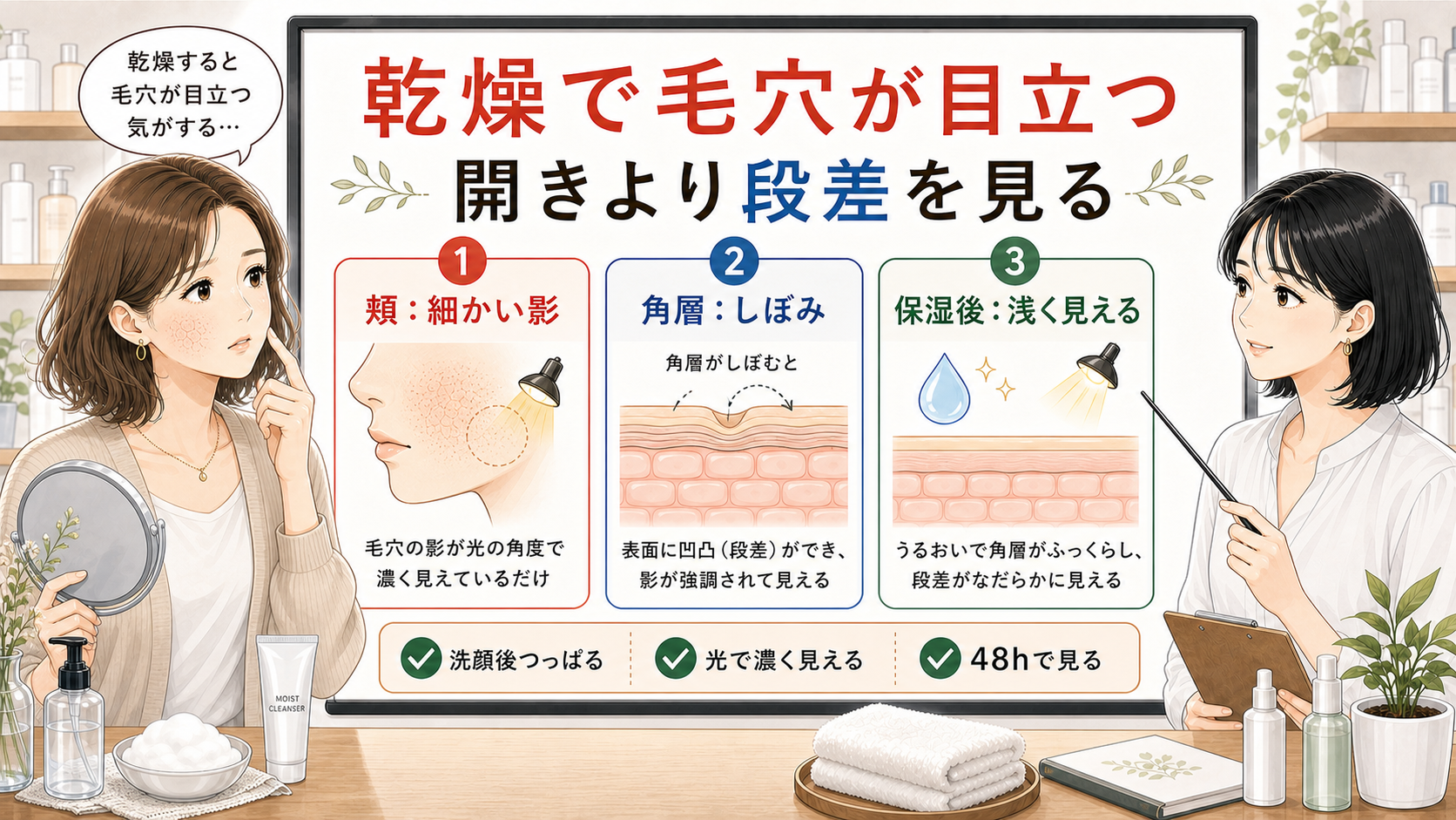 乾燥で毛穴が目立つ理由を、開きではなく角層の段差と影で見分ける解説図