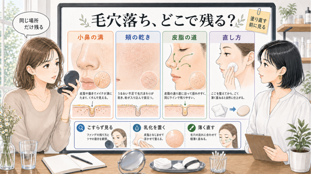メイクの毛穴落ちが同じ場所に残る理由と直し方を示す美容相談イラスト