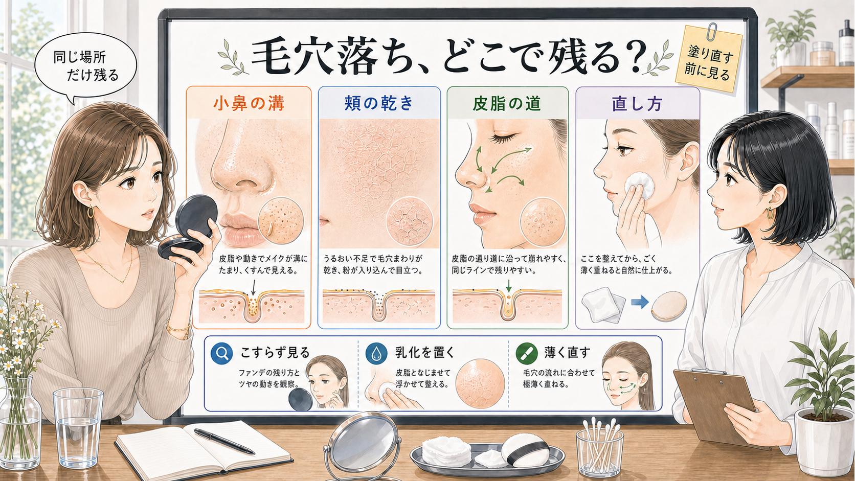 メイクの毛穴落ちが同じ場所に残る理由と直し方を示す美容相談イラスト