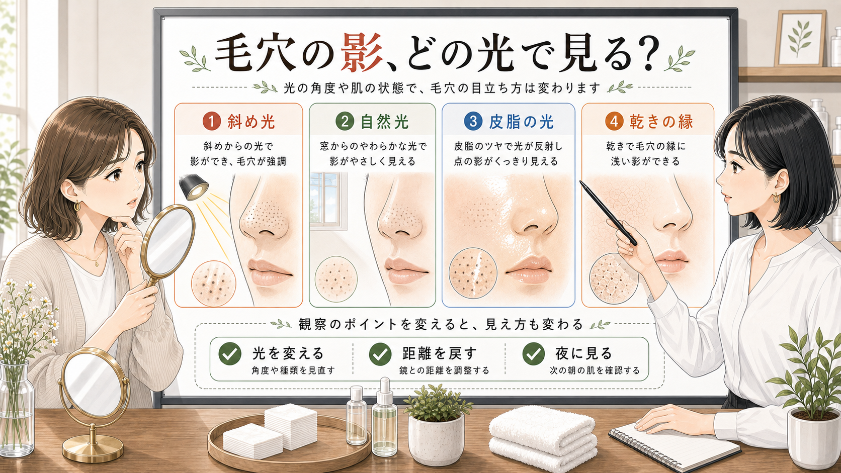 毛穴の影が光の角度や皮脂と乾燥で濃く見える理由を整理した美容相談ボード
