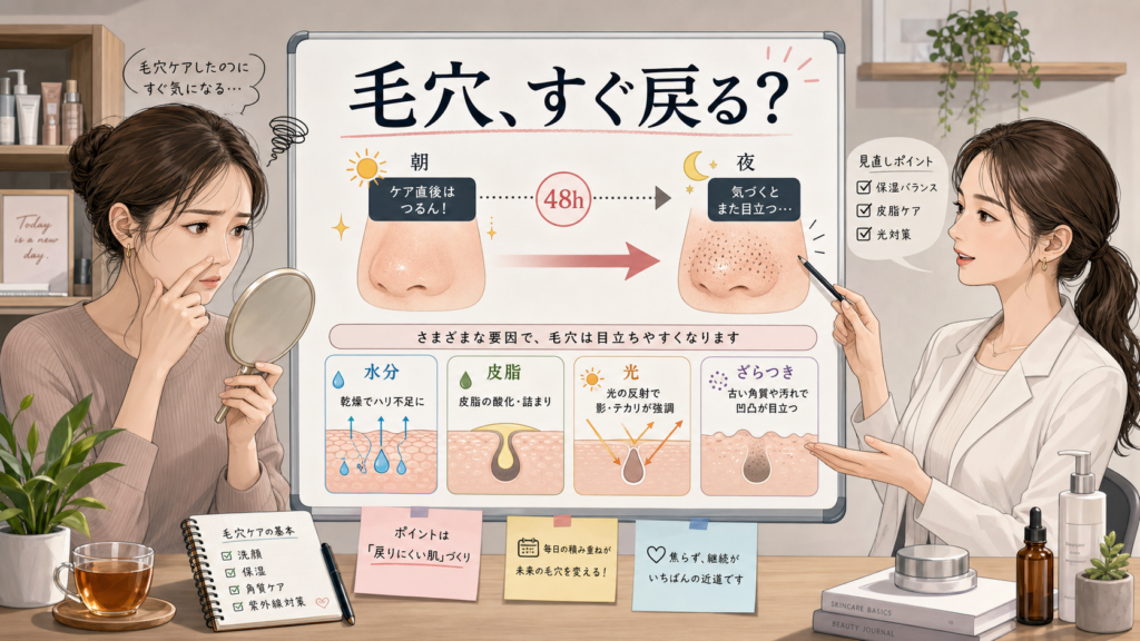 毛穴がすぐ戻る理由を水分・皮脂・光・ざらつき・48時間で整理する美容相談イラスト