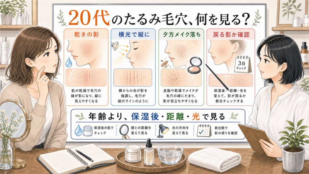 20代のたるみ毛穴を乾きの影・横光・夕方メイク落ちで確認する図