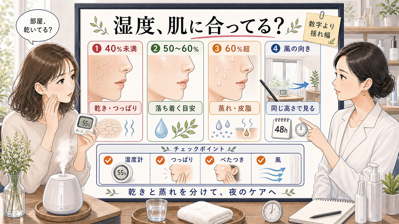 乾燥肌に合う湿度を40%未満、50〜60%、60%超、風の向きで分ける美容相談ボード