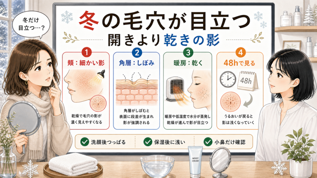 冬に毛穴が目立つ理由を開きではなく乾燥の影・角層のしぼみ・暖房乾燥で見分ける相談型解説図