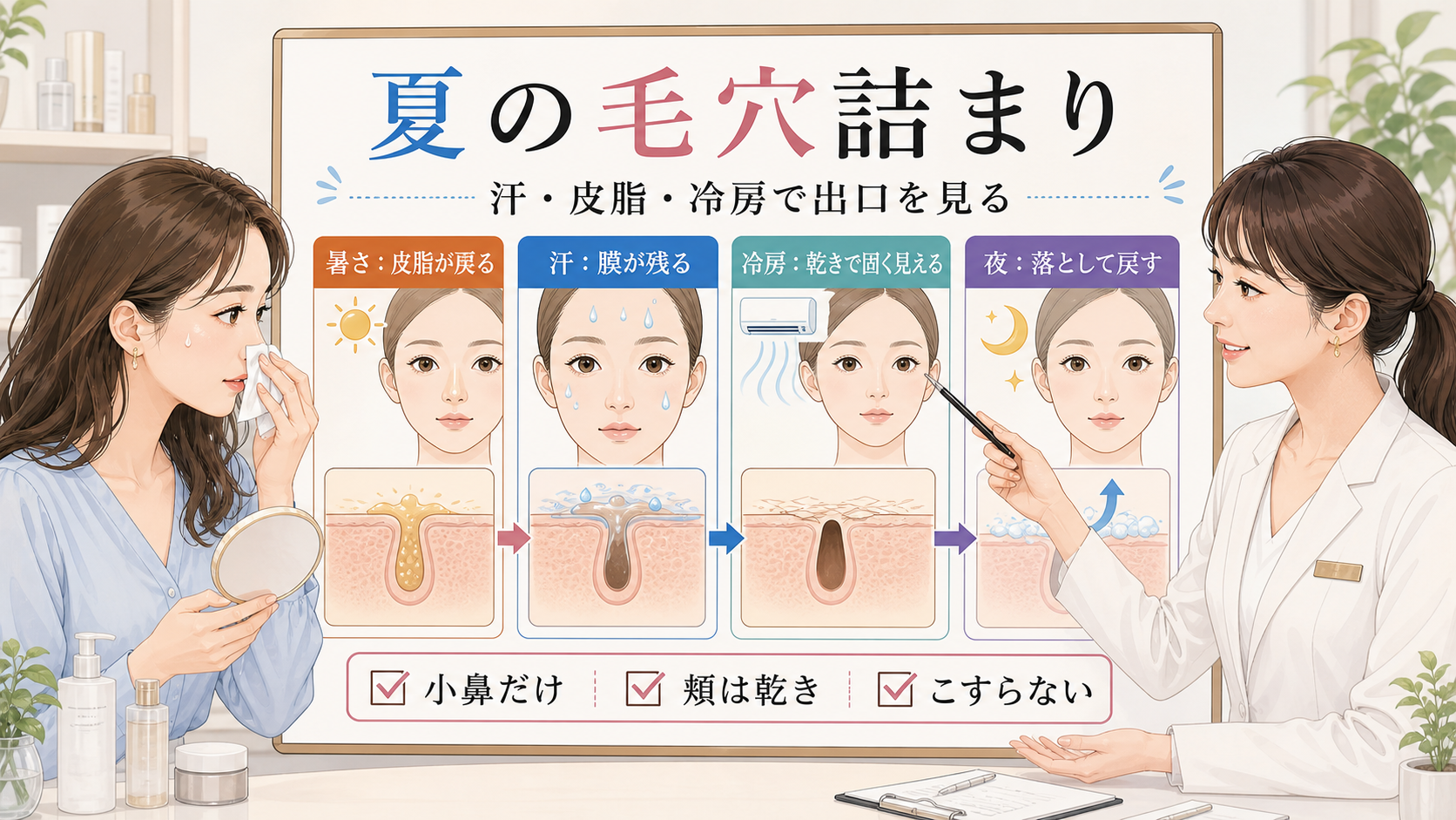 夏の毛穴詰まりを汗と皮脂と冷房で見分ける相談ボードのアイキャッチ
