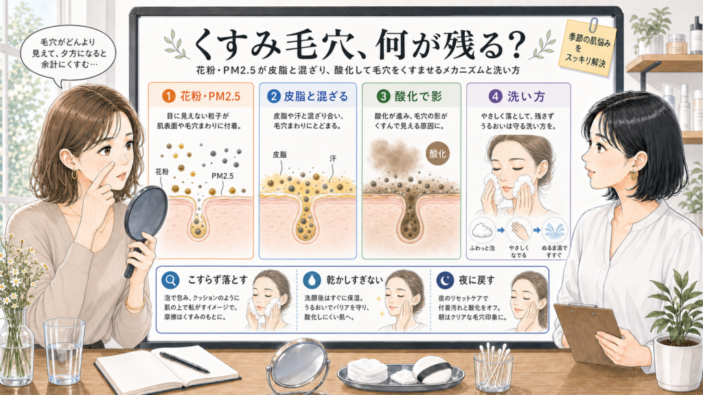 花粉やPM2.5でくすみ毛穴が目立つ理由と洗顔の見方を示す美容相談イラスト