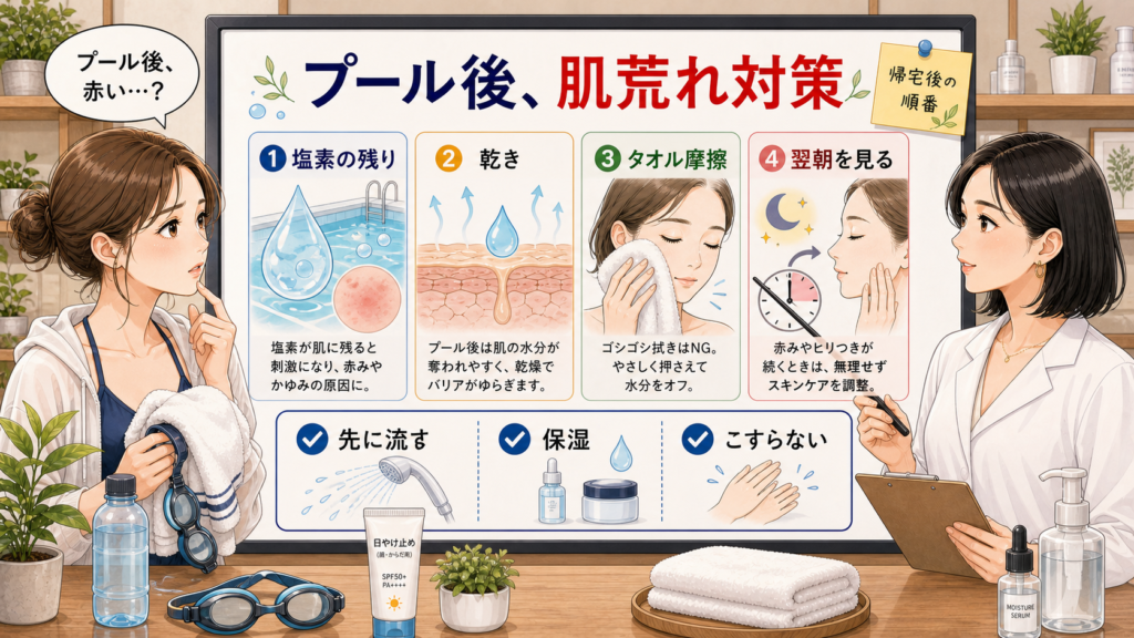プール後の肌荒れ対策を塩素の残り、乾き、タオル摩擦、翌朝の戻り方で整理した1207基準のアイキャッチ