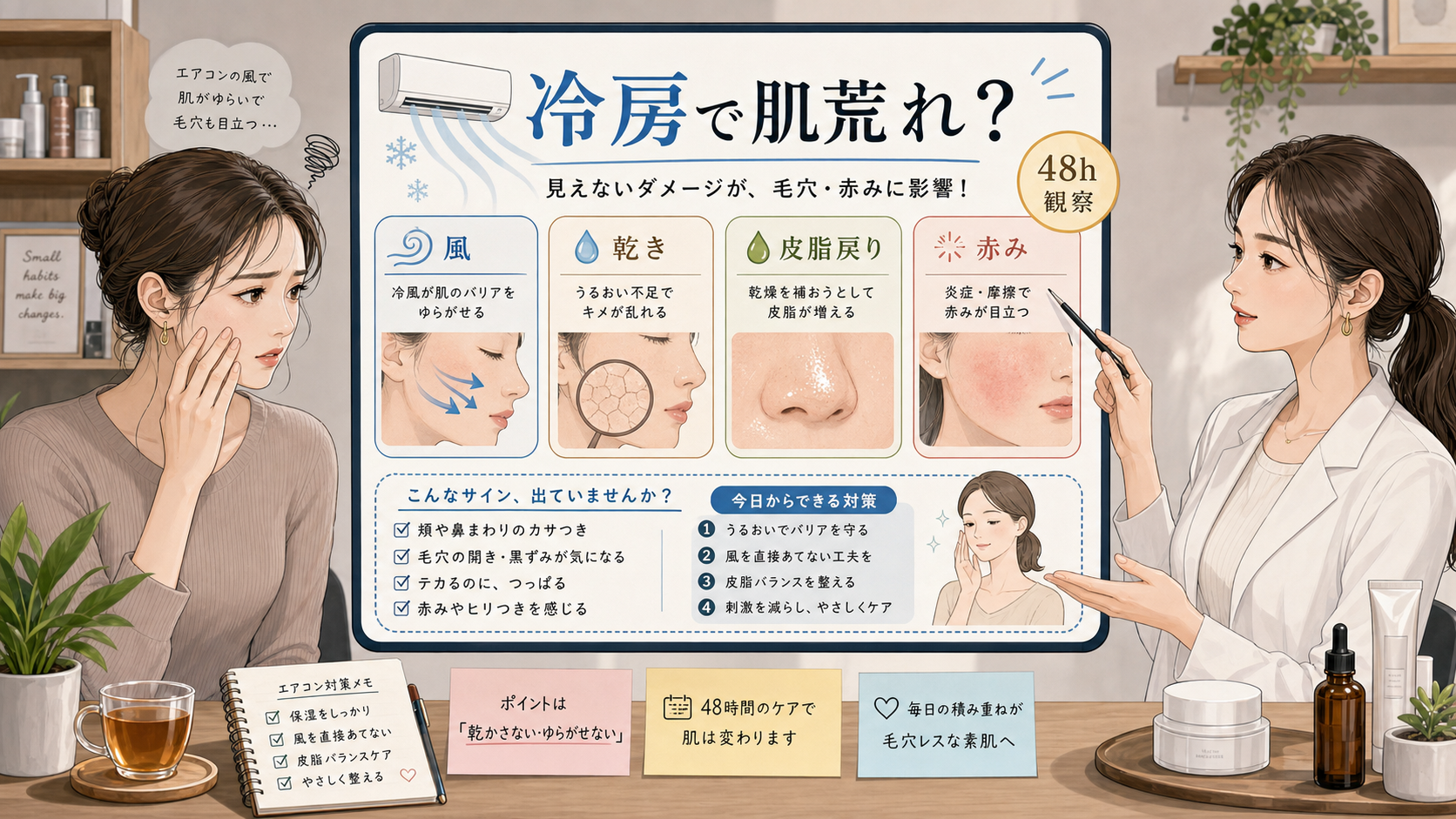 冷房による肌荒れを風・乾き・皮脂戻り・赤み・48時間で整理する美容相談イラスト