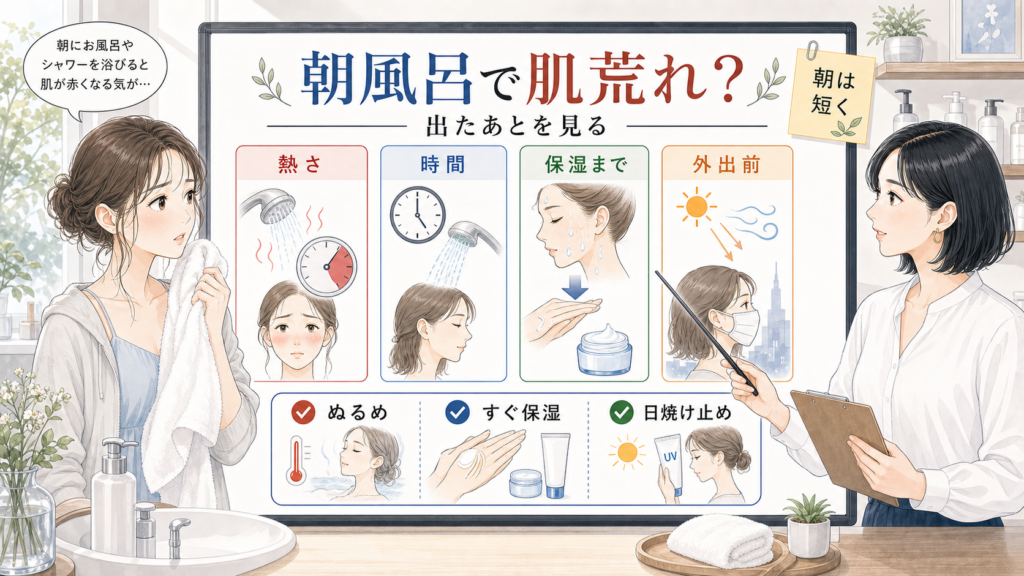 朝風呂で肌荒れして見える理由を熱さ時間保湿まで外出前で示す美容メディア風アイキャッチ