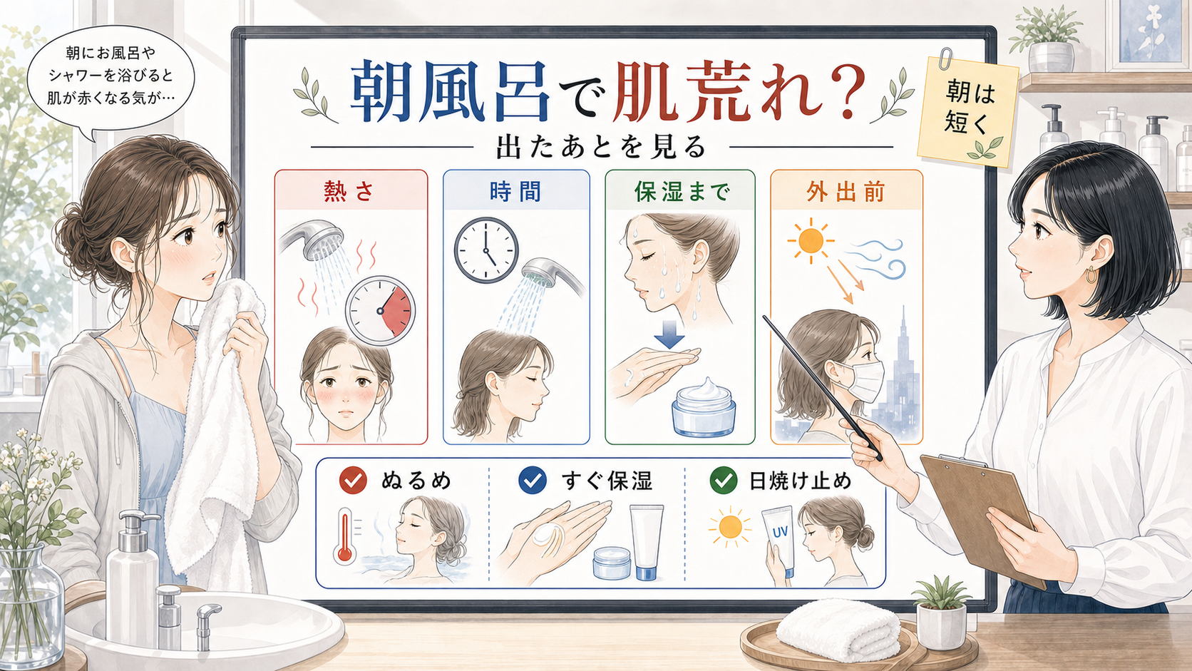 朝風呂で肌荒れして見える理由を熱さ時間保湿まで外出前で示す美容メディア風アイキャッチ