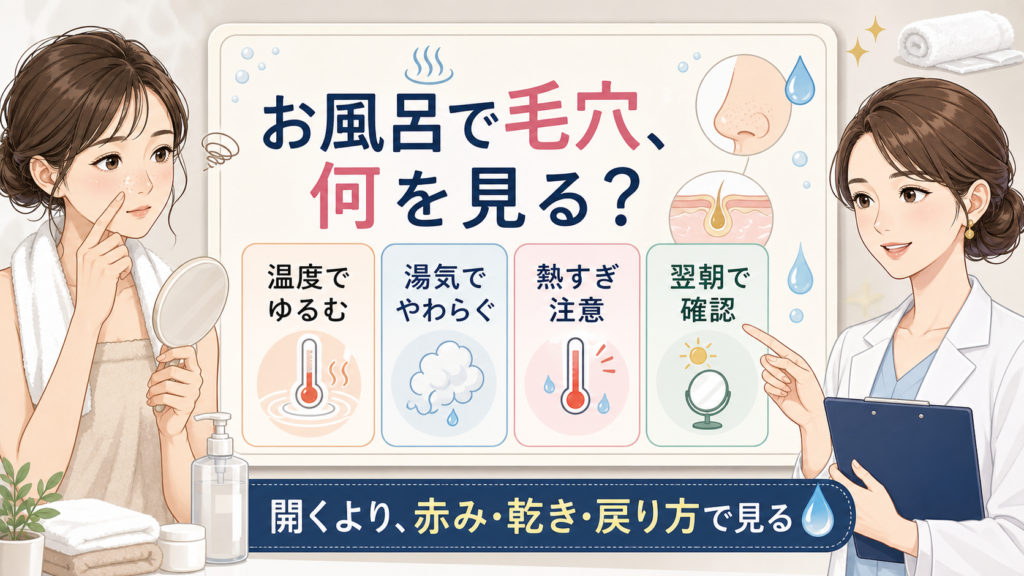 お風呂で毛穴を温度・湯気・赤み・翌朝の戻り方で確認する図