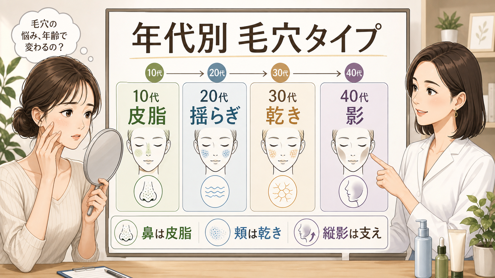 年代別の毛穴タイプを10代の皮脂20代の揺らぎ30代の乾き40代の影で整理する相談ボードのアイキャッチ