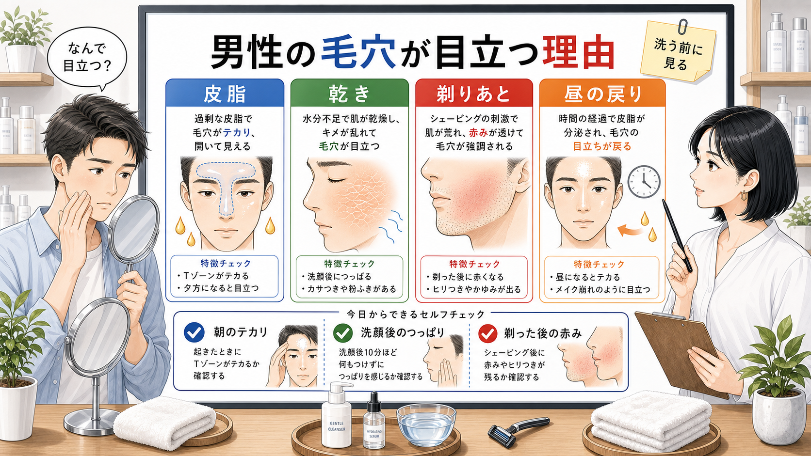 男性の毛穴が目立つ理由を皮脂と乾きと剃りあとで分ける美容相談イラスト