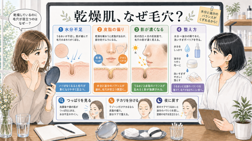 乾燥肌で毛穴が目立つ理由と水分油分バランスの見方を示す美容相談イラスト
