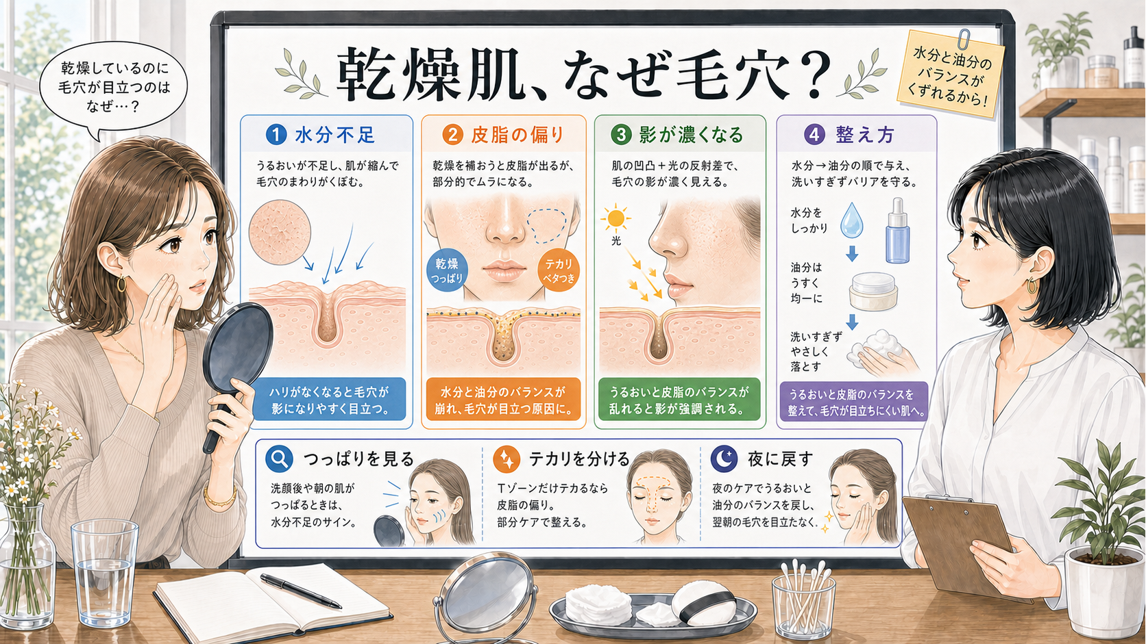 乾燥肌で毛穴が目立つ理由と水分油分バランスの見方を示す美容相談イラスト
