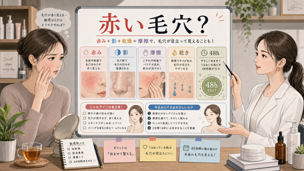 敏感肌の赤い毛穴を赤み・影・摩擦・乾き・48時間で整理する美容相談イラスト