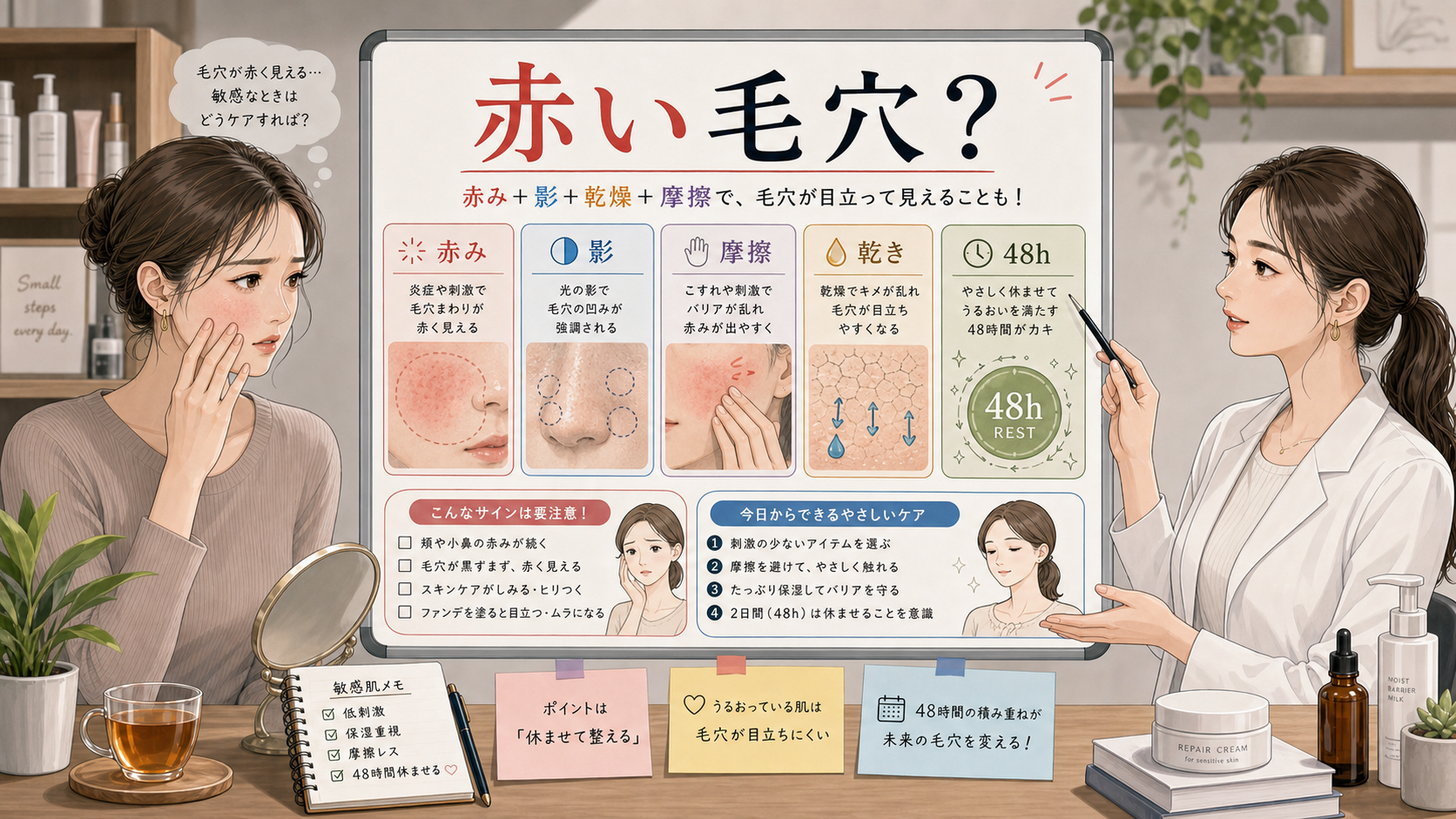 敏感肌の赤い毛穴を赤み・影・摩擦・乾き・48時間で整理する美容相談イラスト