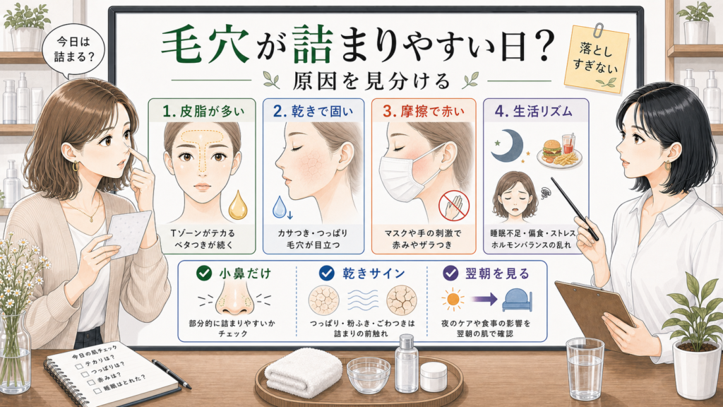 毛穴が詰まりやすい原因を皮脂と乾きと摩擦で見分ける図