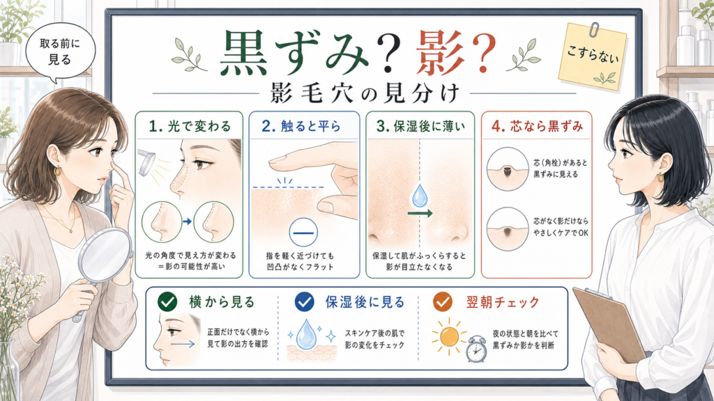 影毛穴と黒ずみに見える影を光と保湿後の変化で見分ける図