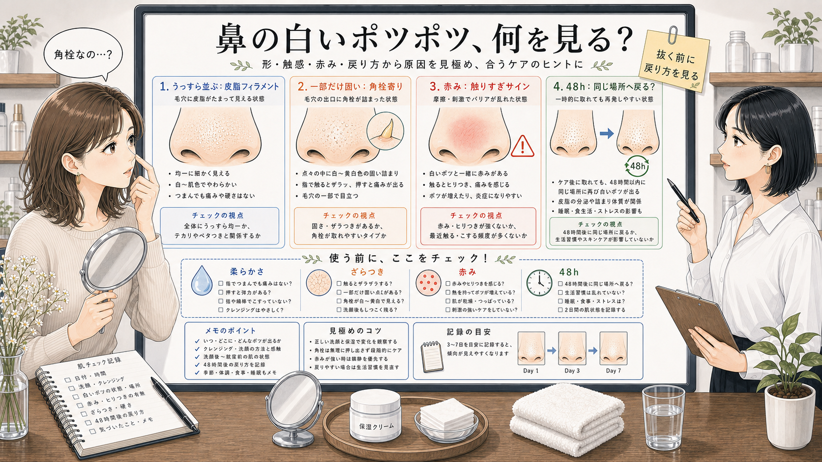 鼻の毛穴の白いポツポツが皮脂フィラメントか角栓かを比較する解説ボード