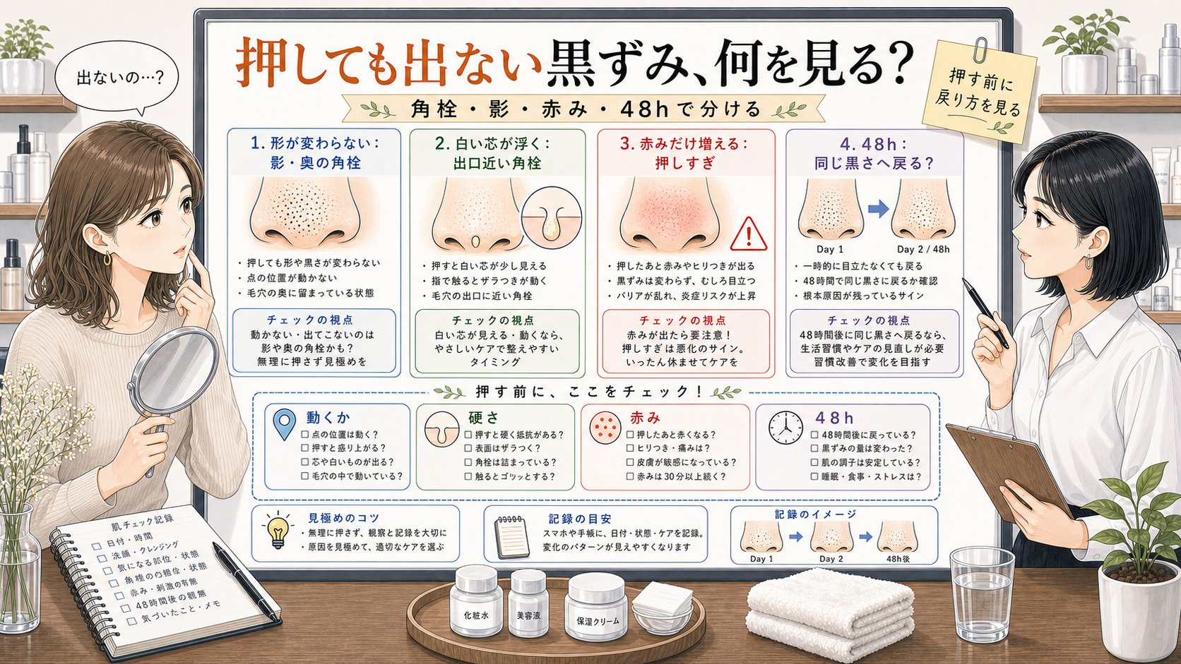 押しても出ない黒ずみを影や角栓や赤みで見分ける解説ボード
