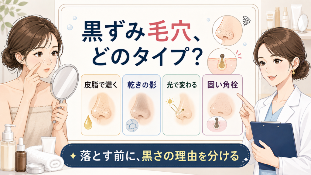 黒ずみ毛穴を皮脂・乾きの影・光の変化・固い角栓で見分ける図
