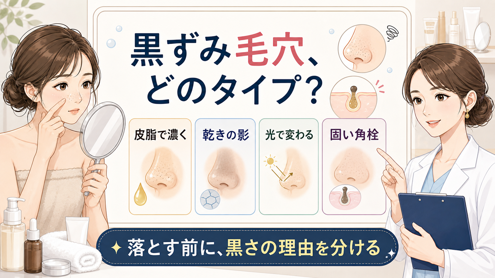 黒ずみ毛穴を皮脂・乾きの影・光の変化・固い角栓で見分ける図