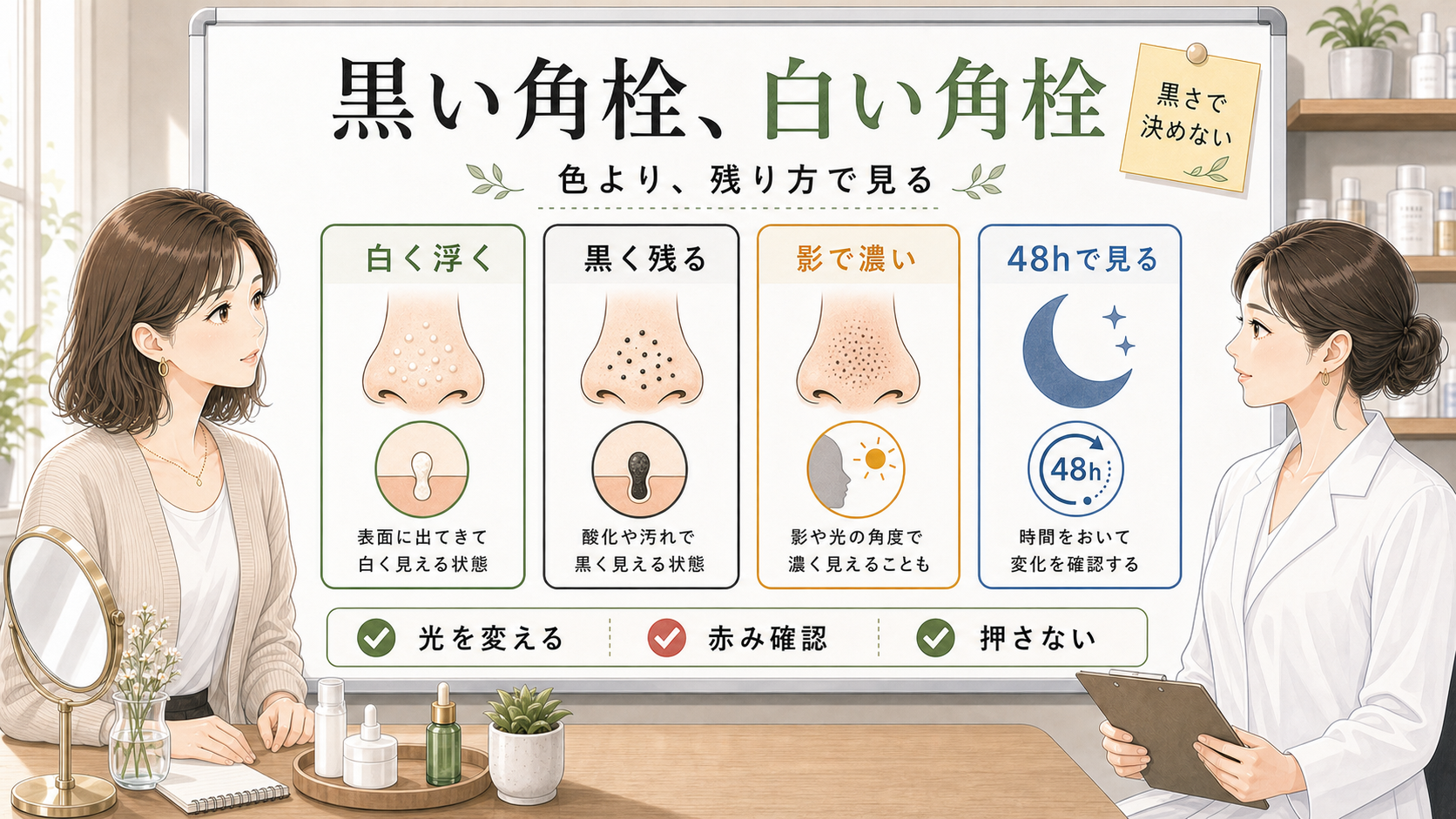 黒い角栓と白い角栓の違いを残り方で見る比較イラスト