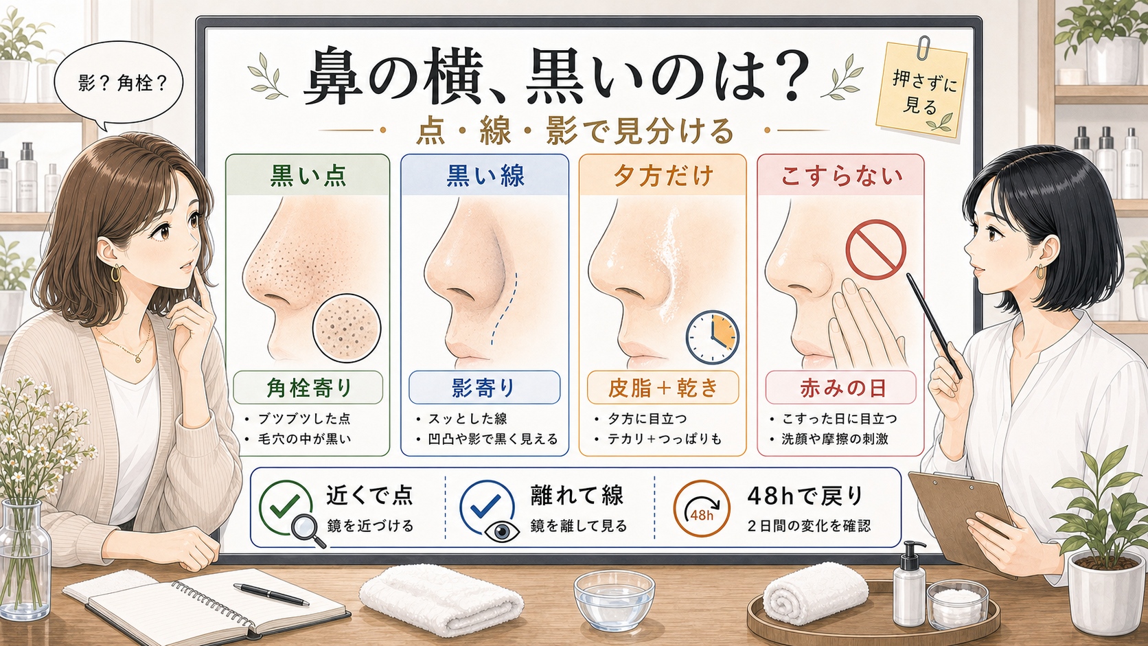 鼻の横の黒ずみを点・線・影で見分ける解説イラスト