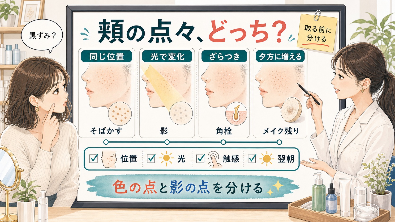 頬の点々を同じ位置、光で変化、ざらつき、夕方に増える条件で見分ける美容相談ボード