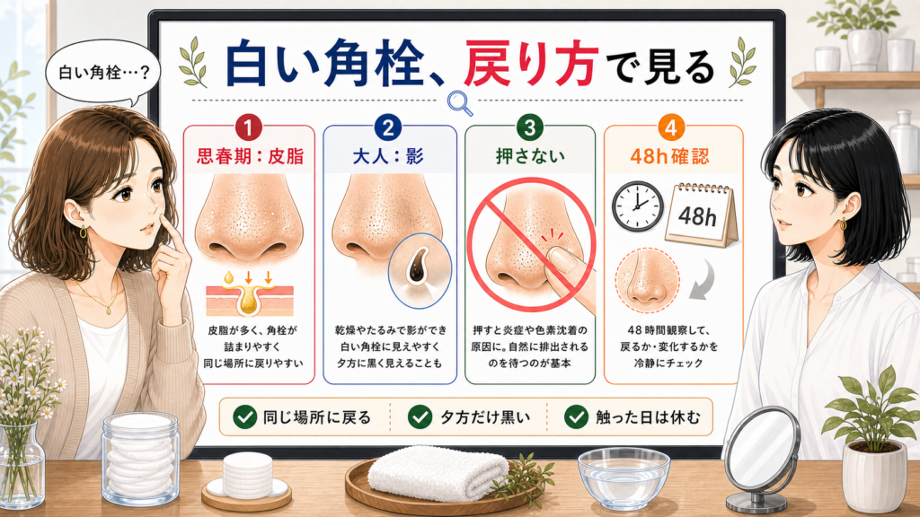 白い角栓を戻り方で見る相談室風の図解。思春期の皮脂、大人の影、押さない判断、48時間確認を示す。