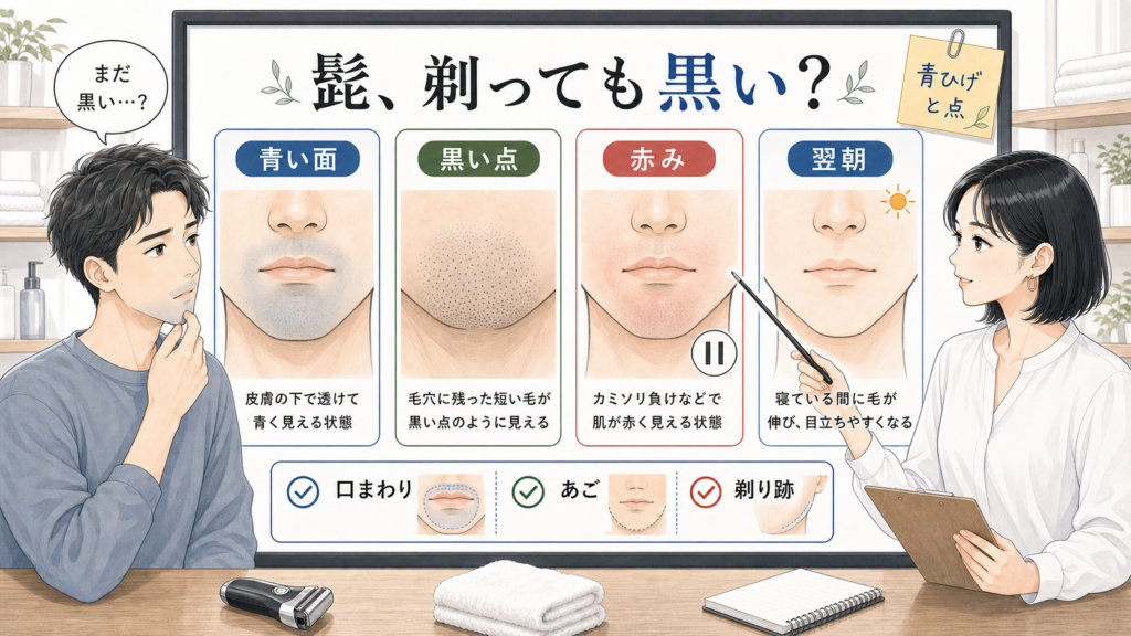 髭を剃っても黒く見える時に青ひげや毛穴の点や剃り跡を分けて見る美容メディア風イラスト