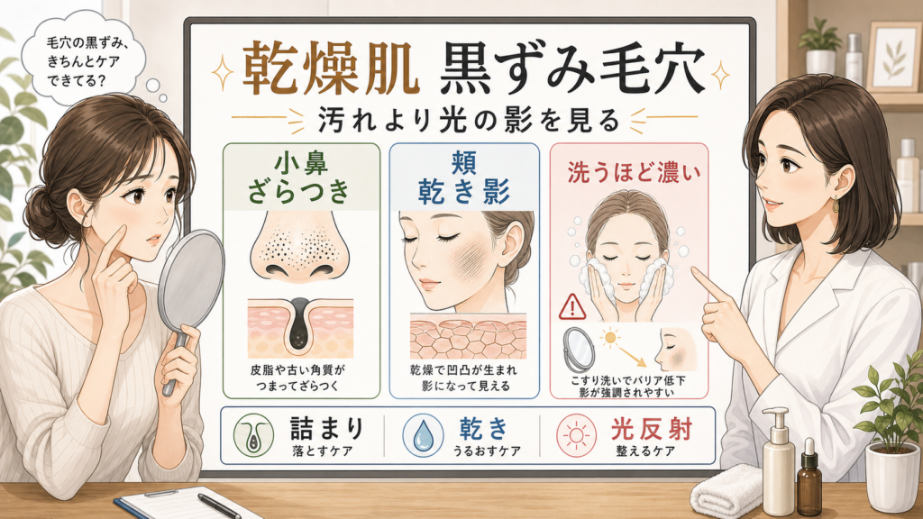 乾燥肌の黒ずみ毛穴を小鼻のざらつき頬の乾き影光反射で整理する相談ボードのアイキャッチ
