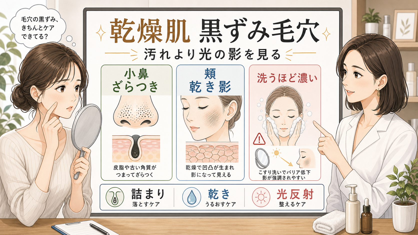 乾燥肌の黒ずみ毛穴を小鼻のざらつき頬の乾き影光反射で整理する相談ボードのアイキャッチ