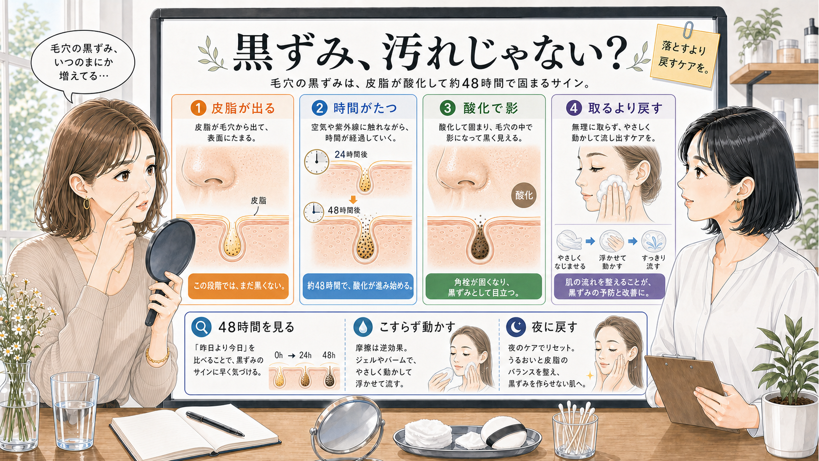 毛穴の黒ずみが汚れではなく皮脂酸化で目立つ理由と48時間以内のケアを示す美容相談イラスト
