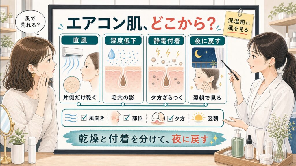 エアコン乾燥による肌荒れを直風、湿度低下、静電付着、夜の戻し方で見分ける美容相談ボード