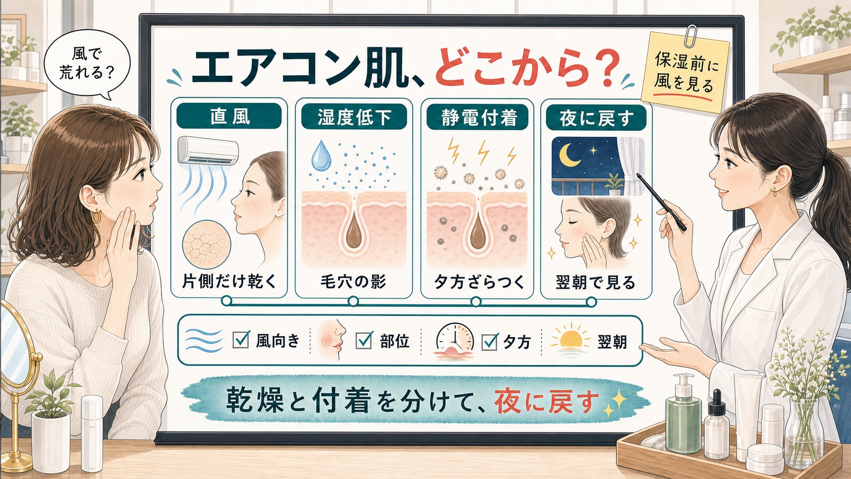 エアコン乾燥による肌荒れを直風、湿度低下、静電付着、夜の戻し方で見分ける美容相談ボード