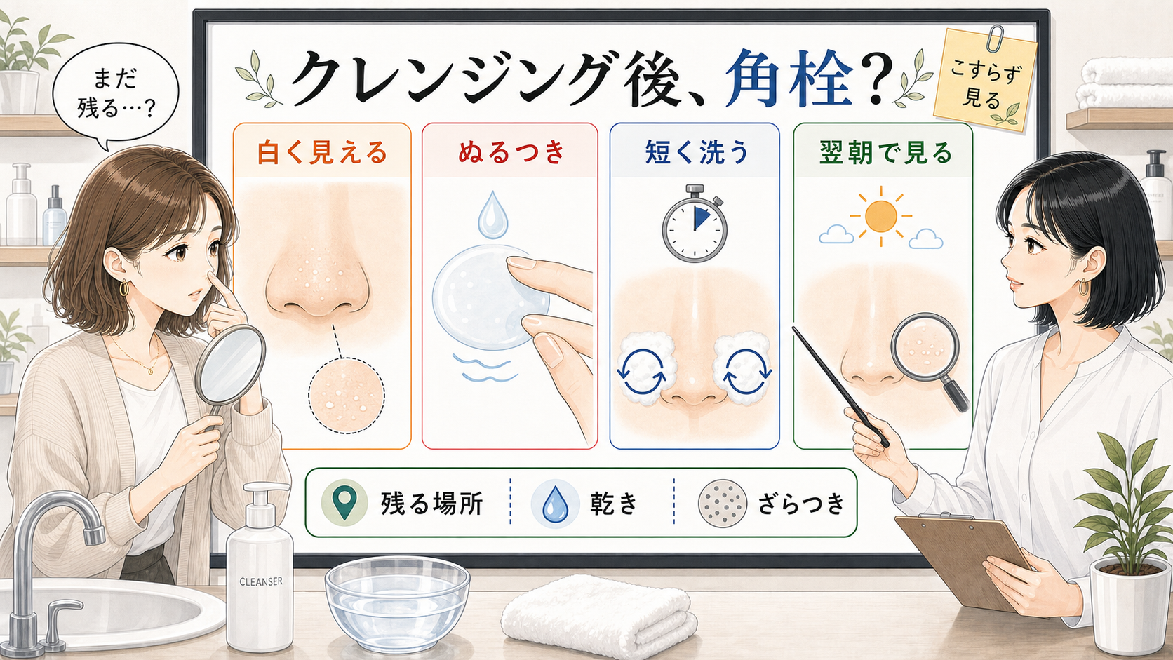 クレンジング後に角栓が残る時の小鼻の乾きと追加洗い前の判断を示す美容メディア風アイキャッチ