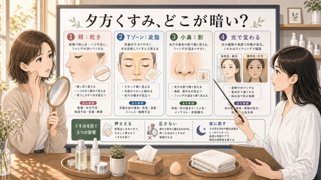 夕方のくすみを頬の乾きやTゾーンの皮脂や小鼻の影で整理した美容相談ボード