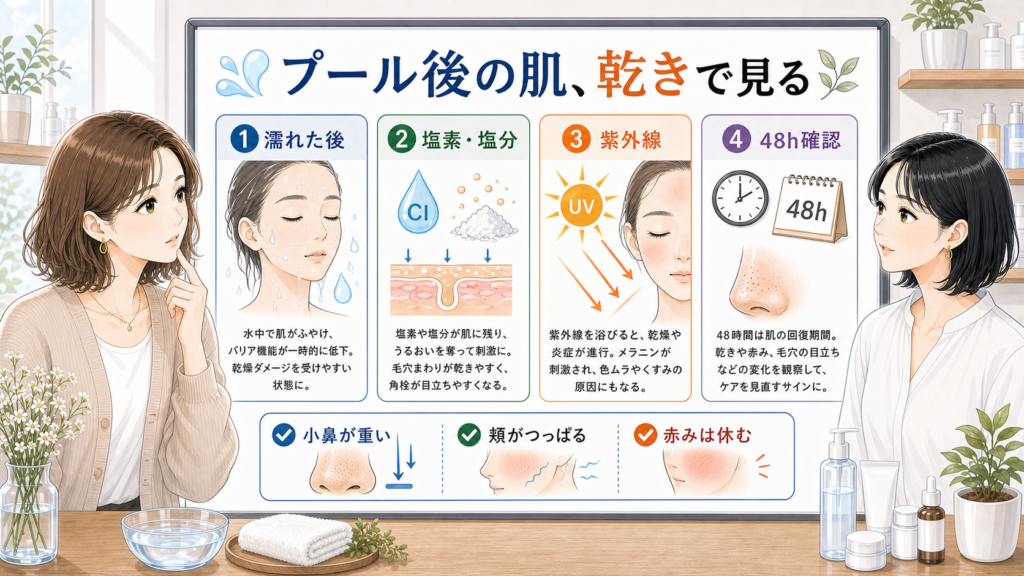 プール後の肌荒れを乾き、塩素塩分、紫外線、48時間確認で整理するアイキャッチ