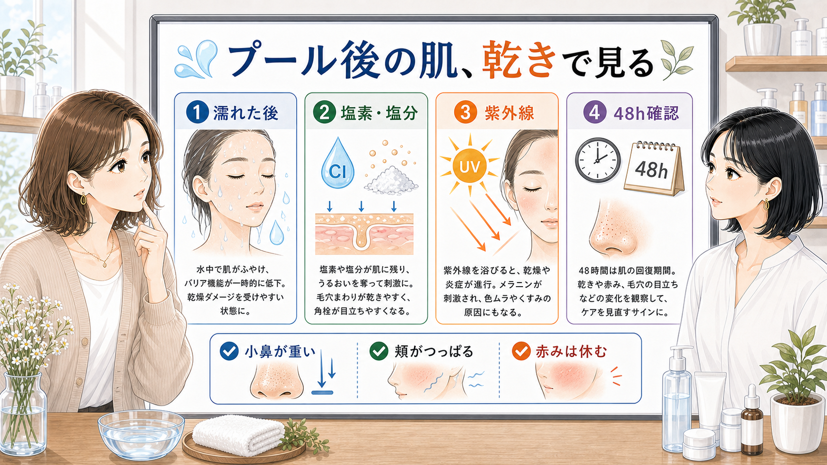 プール後の肌荒れを乾き、塩素塩分、紫外線、48時間確認で整理するアイキャッチ