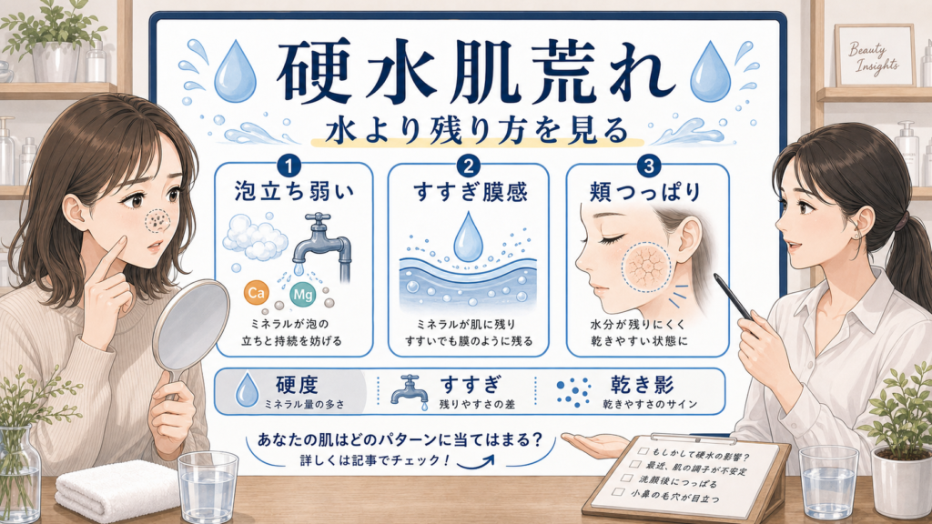 硬水肌荒れを泡立ち弱いすすぎ膜感頬つっぱりで整理する相談ボードのアイキャッチ