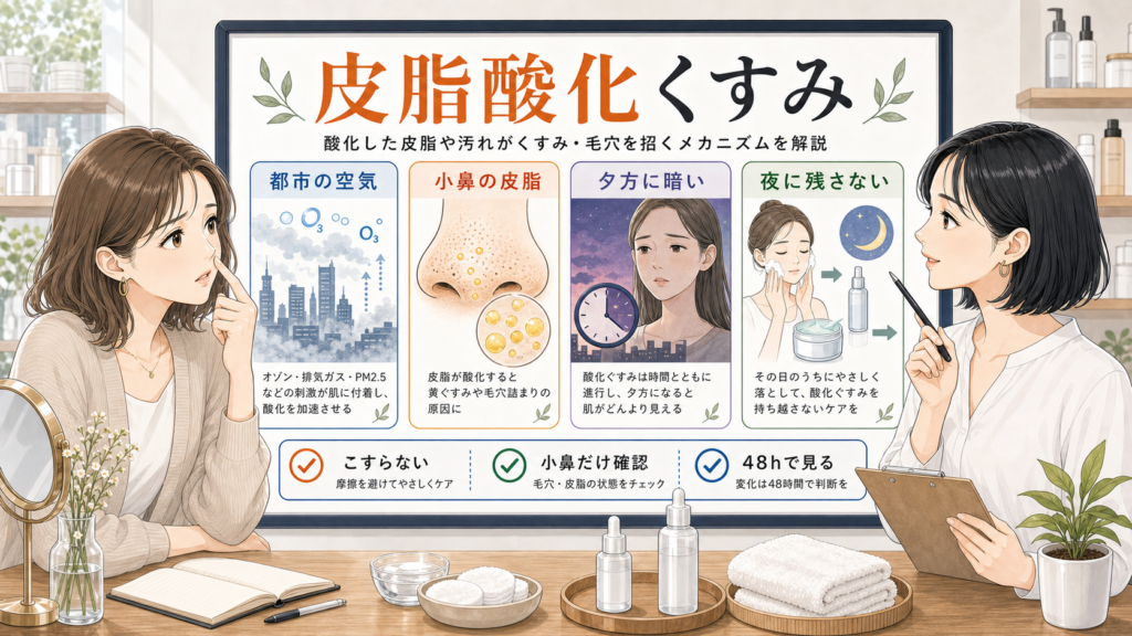 皮脂の酸化くすみと都市の空気による小鼻の黒ずみを整理する美容相談ボード