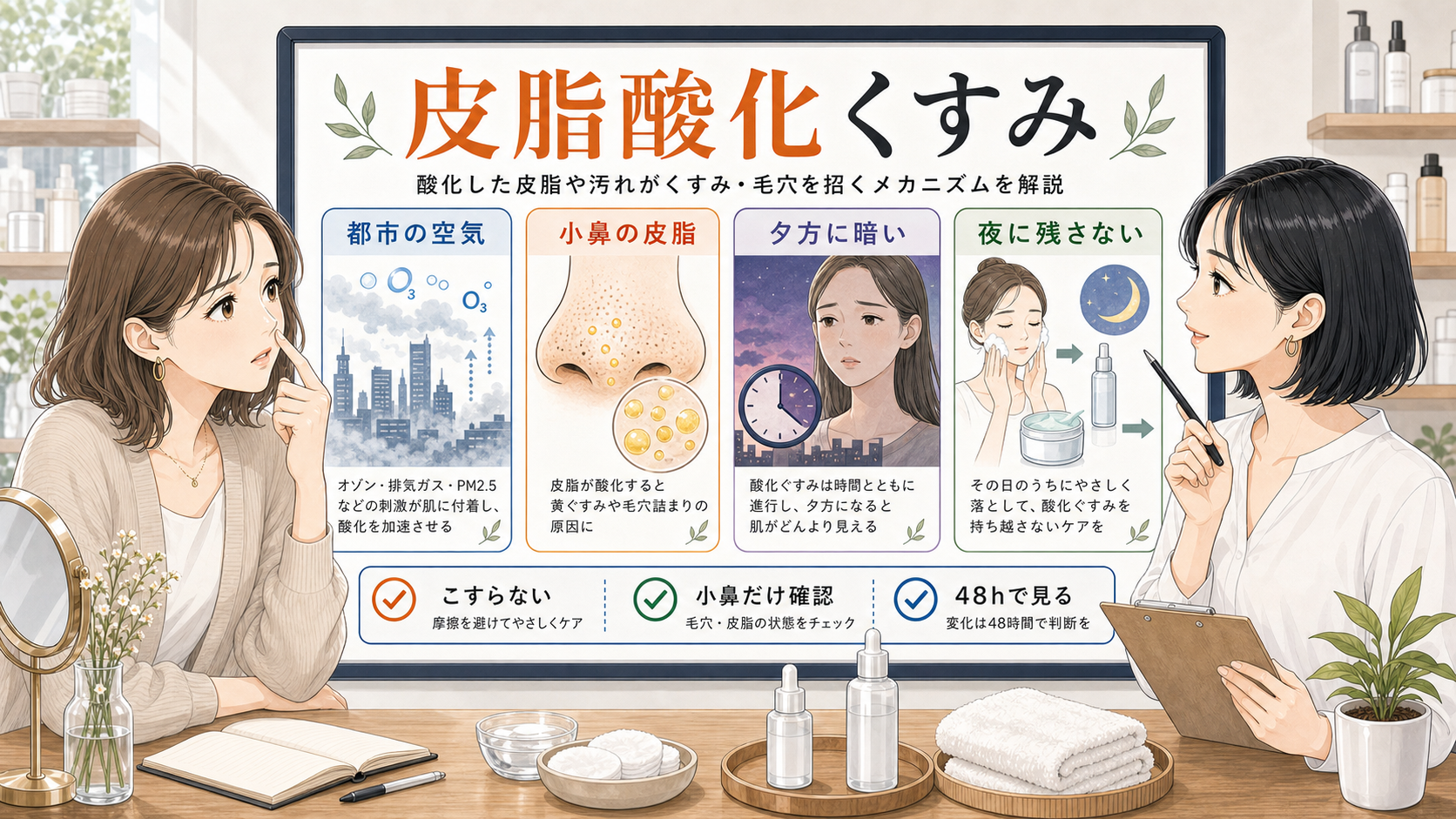 皮脂の酸化くすみと都市の空気による小鼻の黒ずみを整理する美容相談ボード
