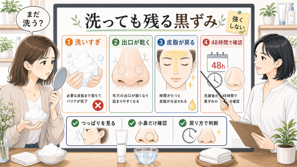 洗顔しても黒ずみが取れない原因を落としすぎと毛穴出口の乾きで示す美容相談イラスト