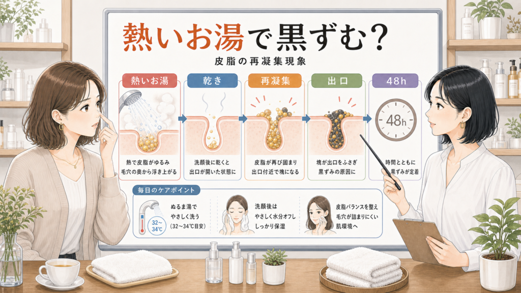 熱いお湯で毛穴黒ずみが戻る理由を乾き・再凝集・48時間で整理する美容相談イラスト