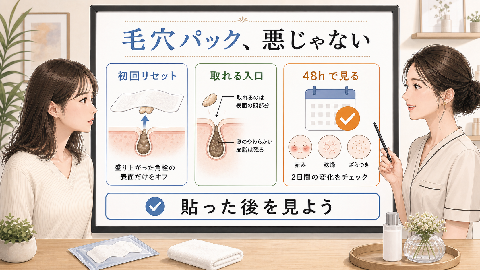 毛穴パックを角栓の初回リセットとして使う条件と48時間後の見方を示す図