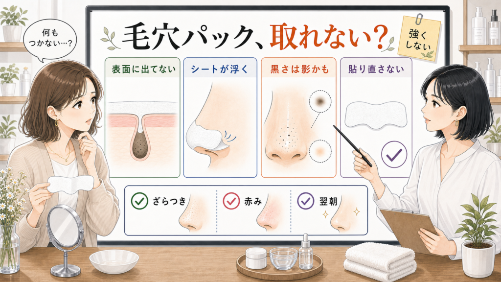 毛穴パックで取れない時に見る小鼻の状態と貼り直さない判断を示した美容メディア風イラスト