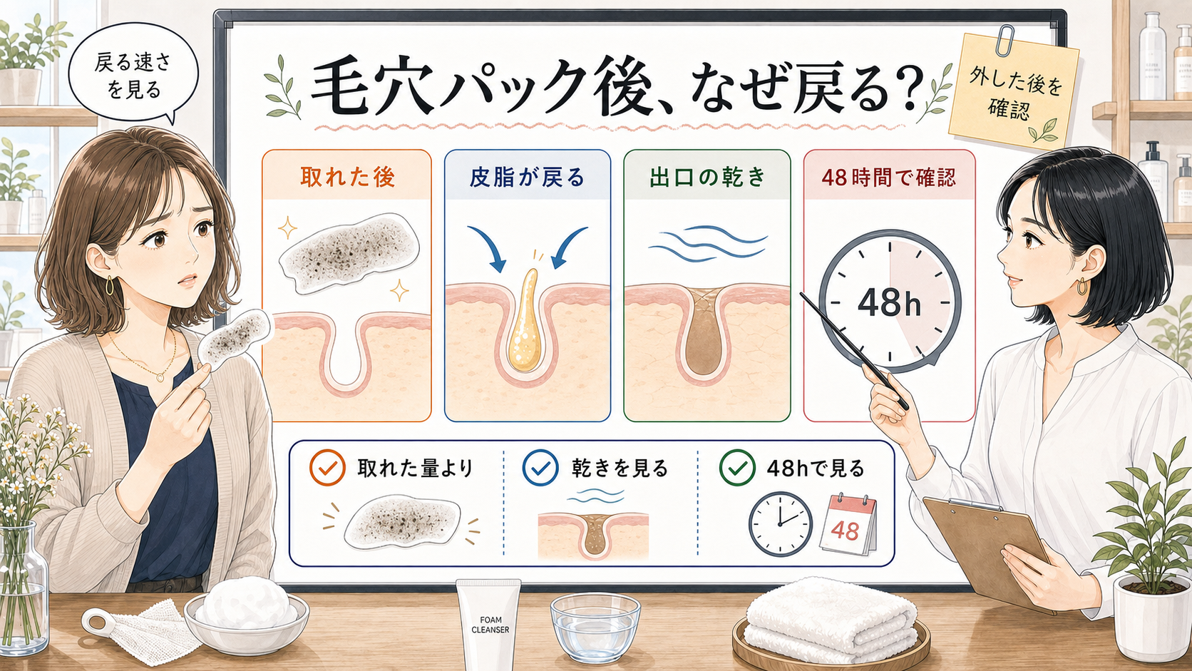 毛穴パック後の黒ずみを取れた後・皮脂の戻り・出口の乾き・48時間確認で見る1207基準のイラスト